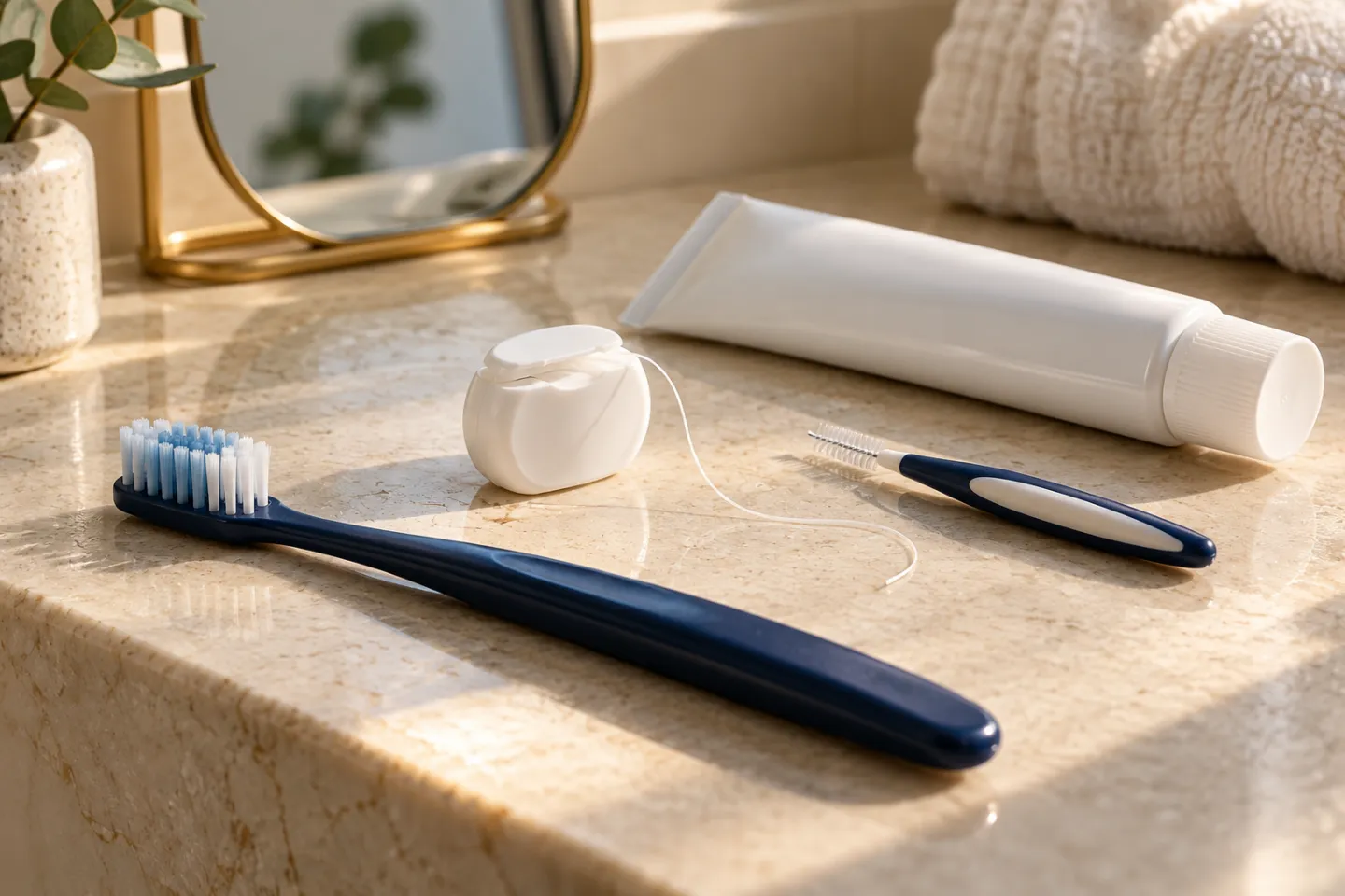 A navy toothbrush, floss, interdental brush and plain toothpaste on a cream stone bathroom ledge
