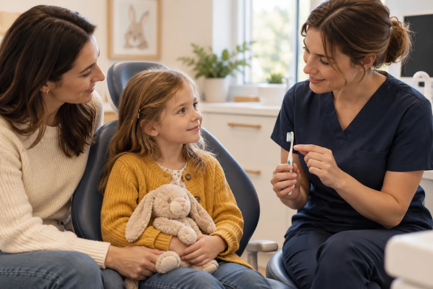 A child in a mustard cardigan holds a plush rabbit beside a parent while a dental professional shows a toothbrush