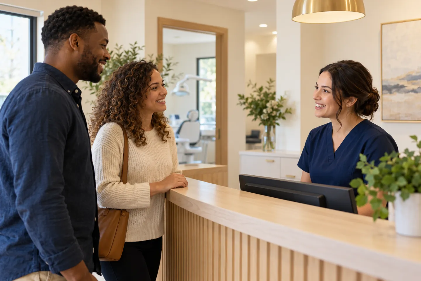 An adult couple speaking with a dental professional at a welcoming reception desk