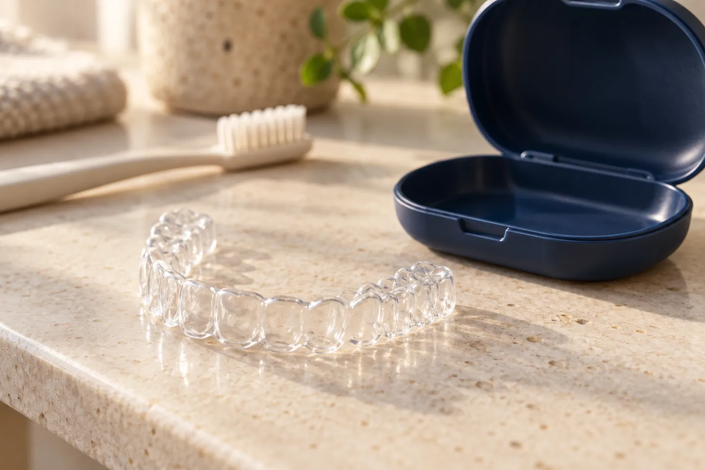 A clear dental aligner resting beside its case on a clean cream-coloured surface