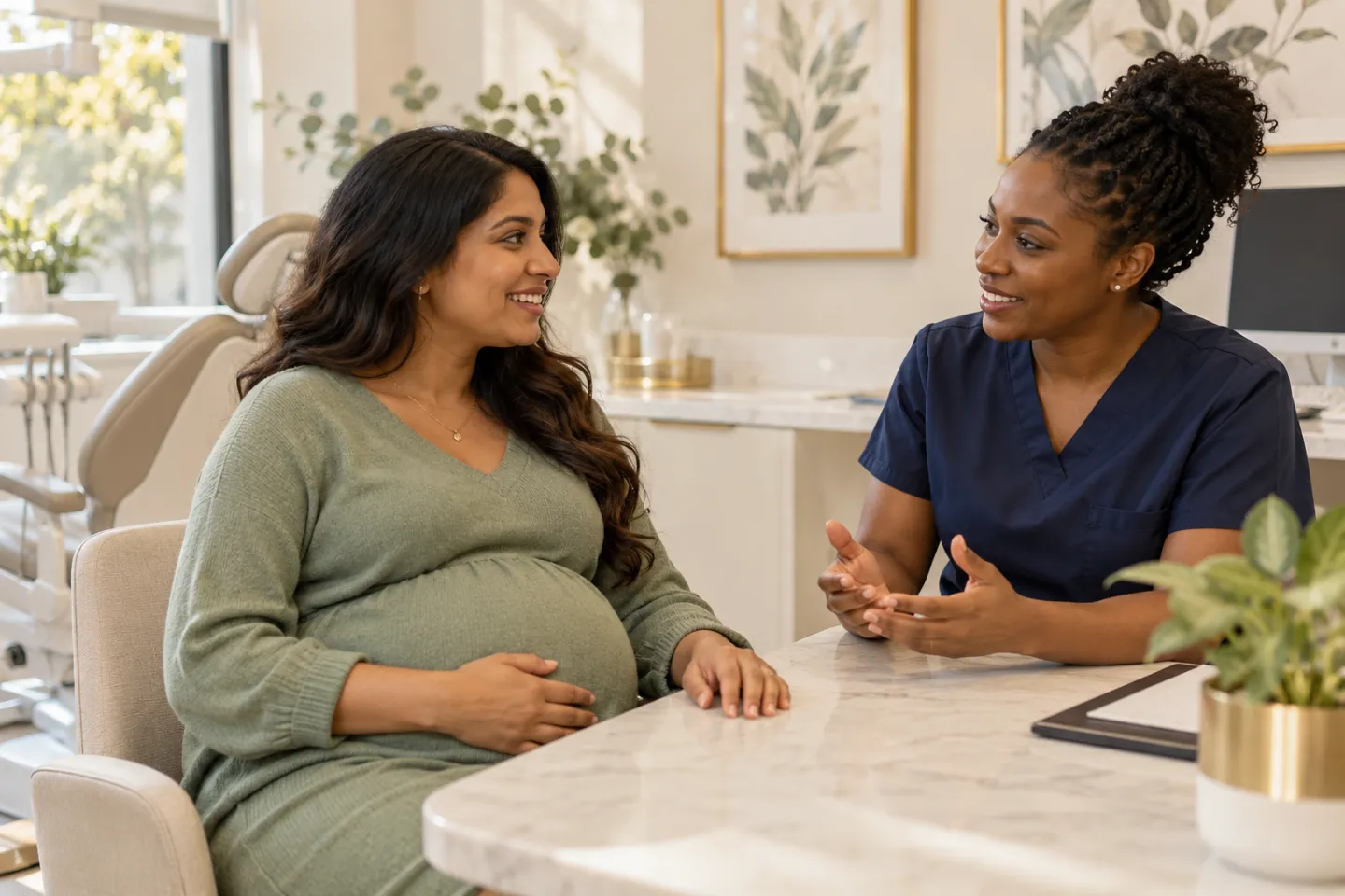 A pregnant adult woman speaking with a dental professional during a consultation