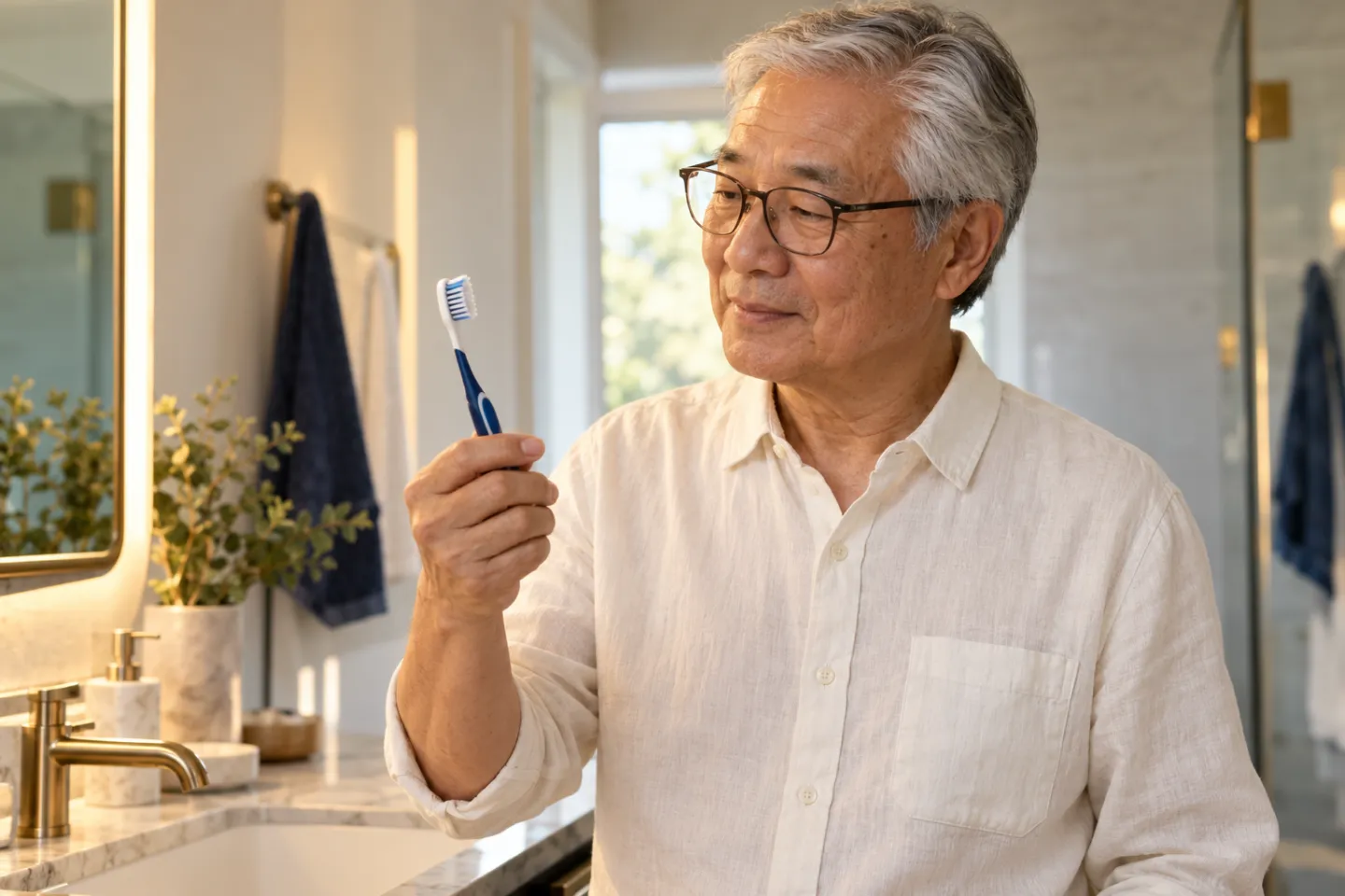 An older man holding a navy-handled toothbrush at a bright bathroom sink