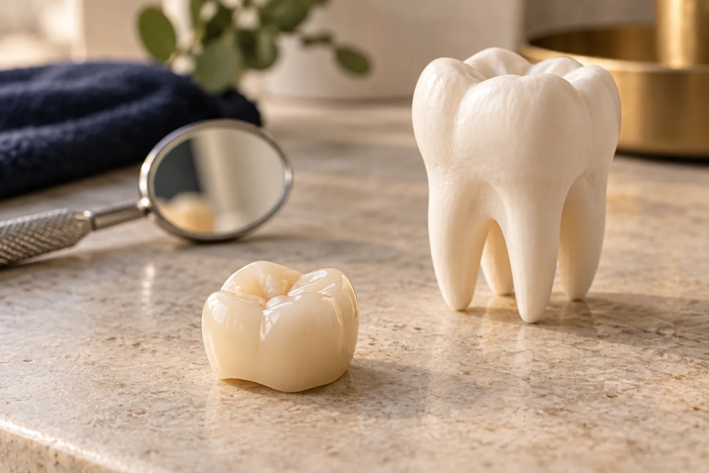 A ceramic dental crown displayed beside a tooth model in a softly lit still life