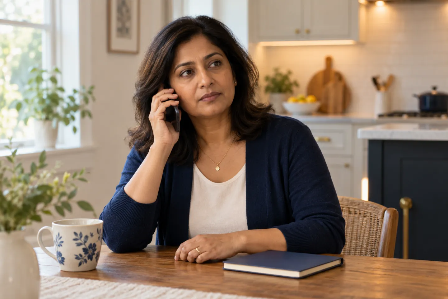 Adult at home holding a phone and preparing to contact a dental office, an illustrative scene.