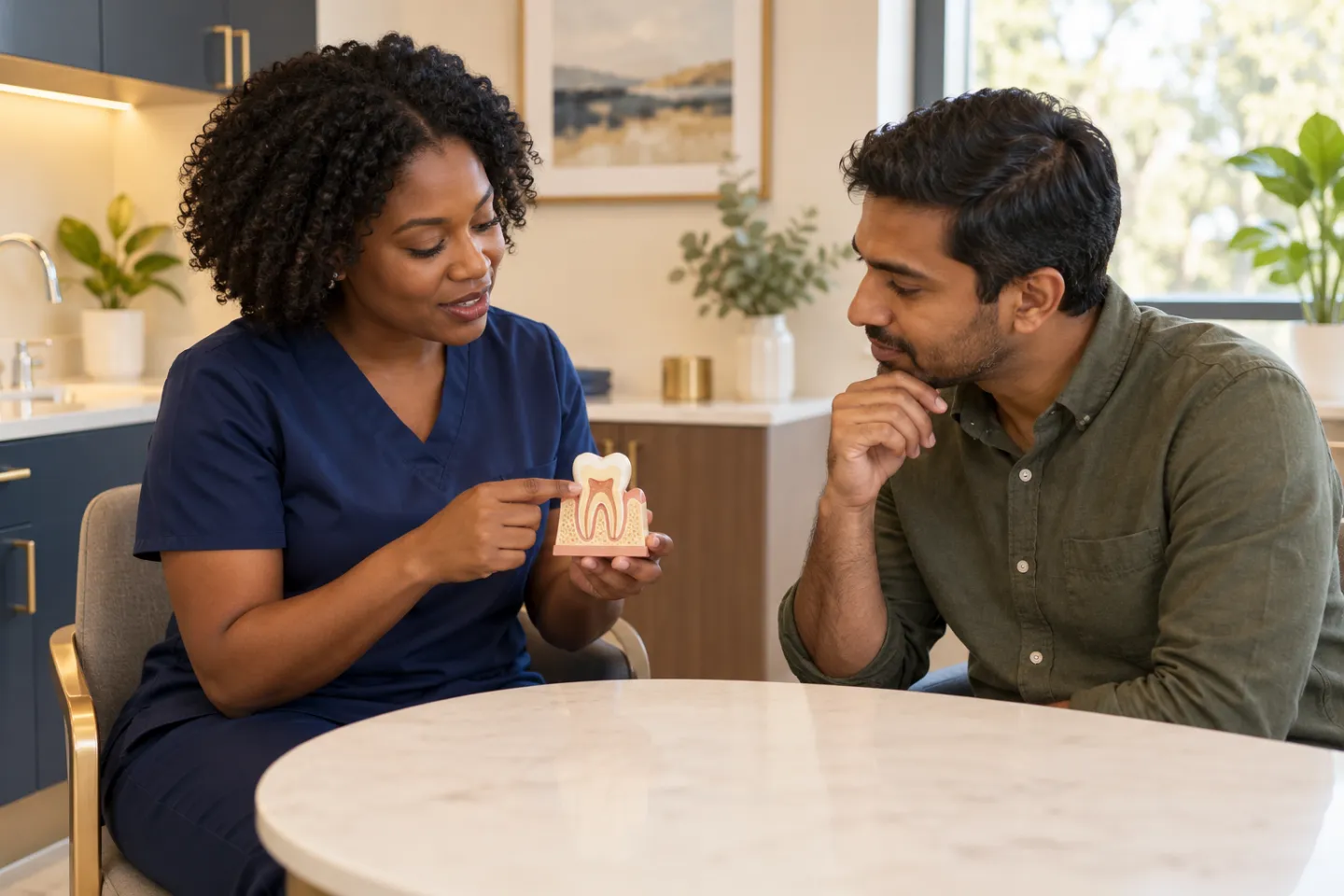 Illustration of a dental professional showing a small tooth model to an adult patient