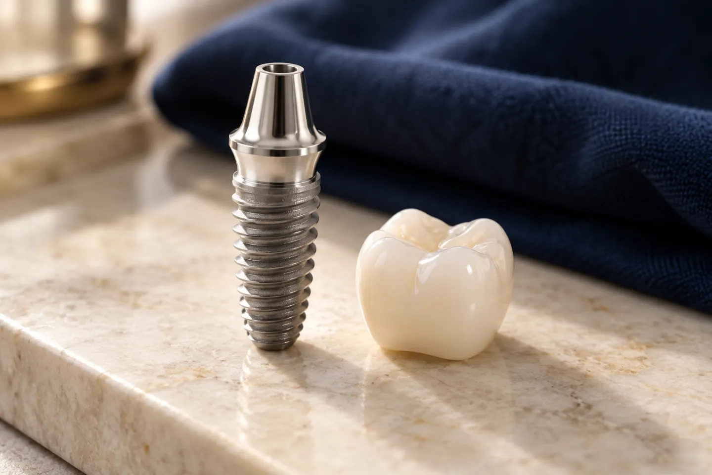 A titanium dental implant demonstration model beside a ceramic tooth on a stone surface