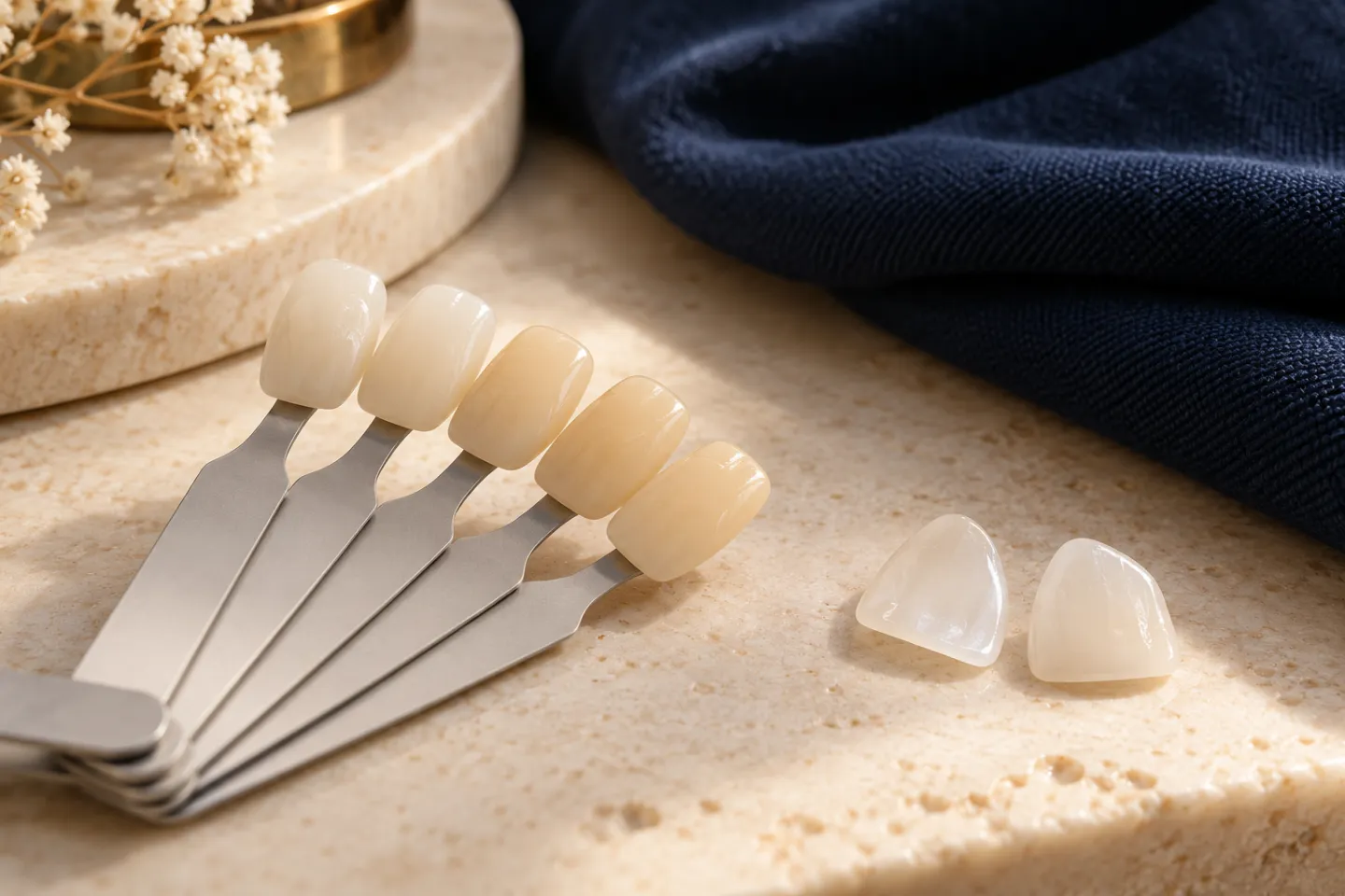Ceramic veneer shells and a dental shade guide arranged on a warm cream surface.