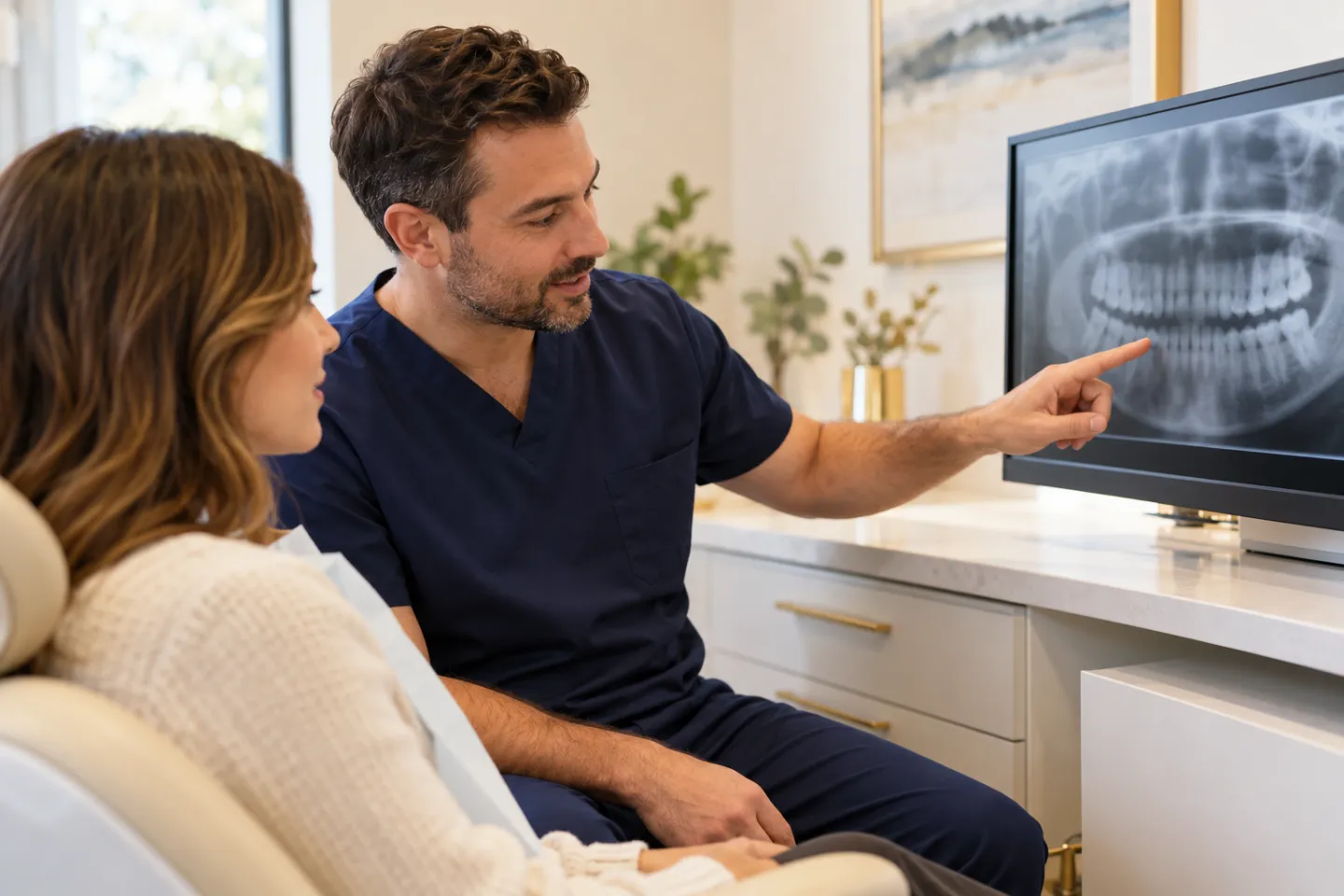 A dental professional pointing to a greyscale dental X-ray on a monitor during a consultation