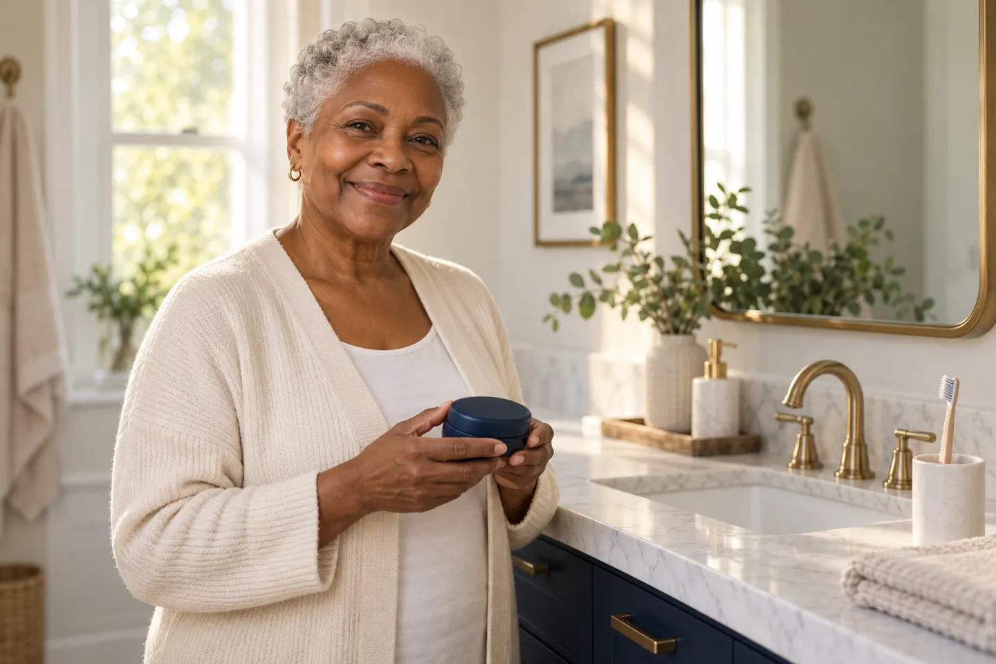 An older woman smiling naturally while holding a denture case at a bathroom counter