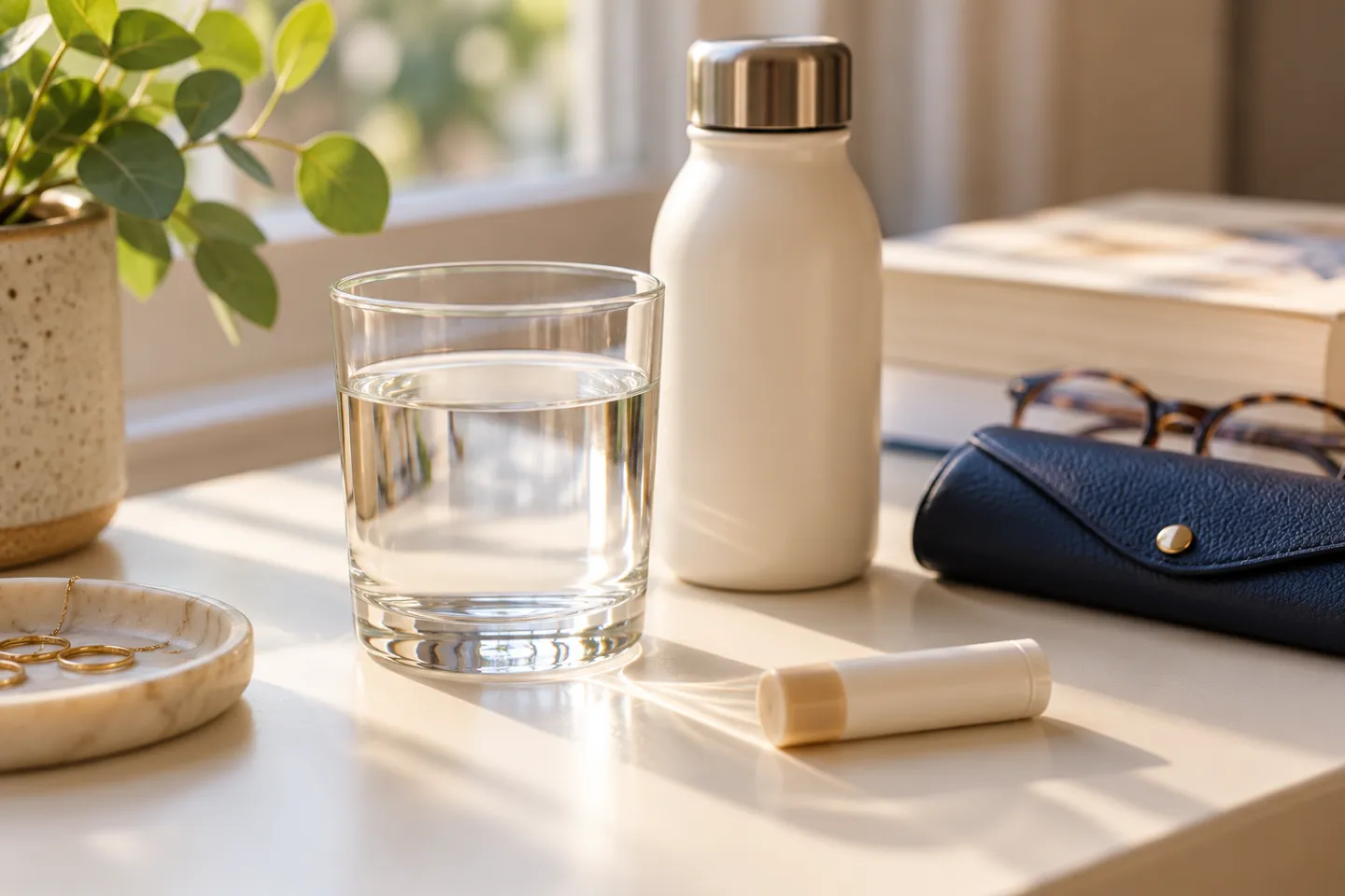 A glass of water, closed plain lip balm and small water bottle on a light-coloured table