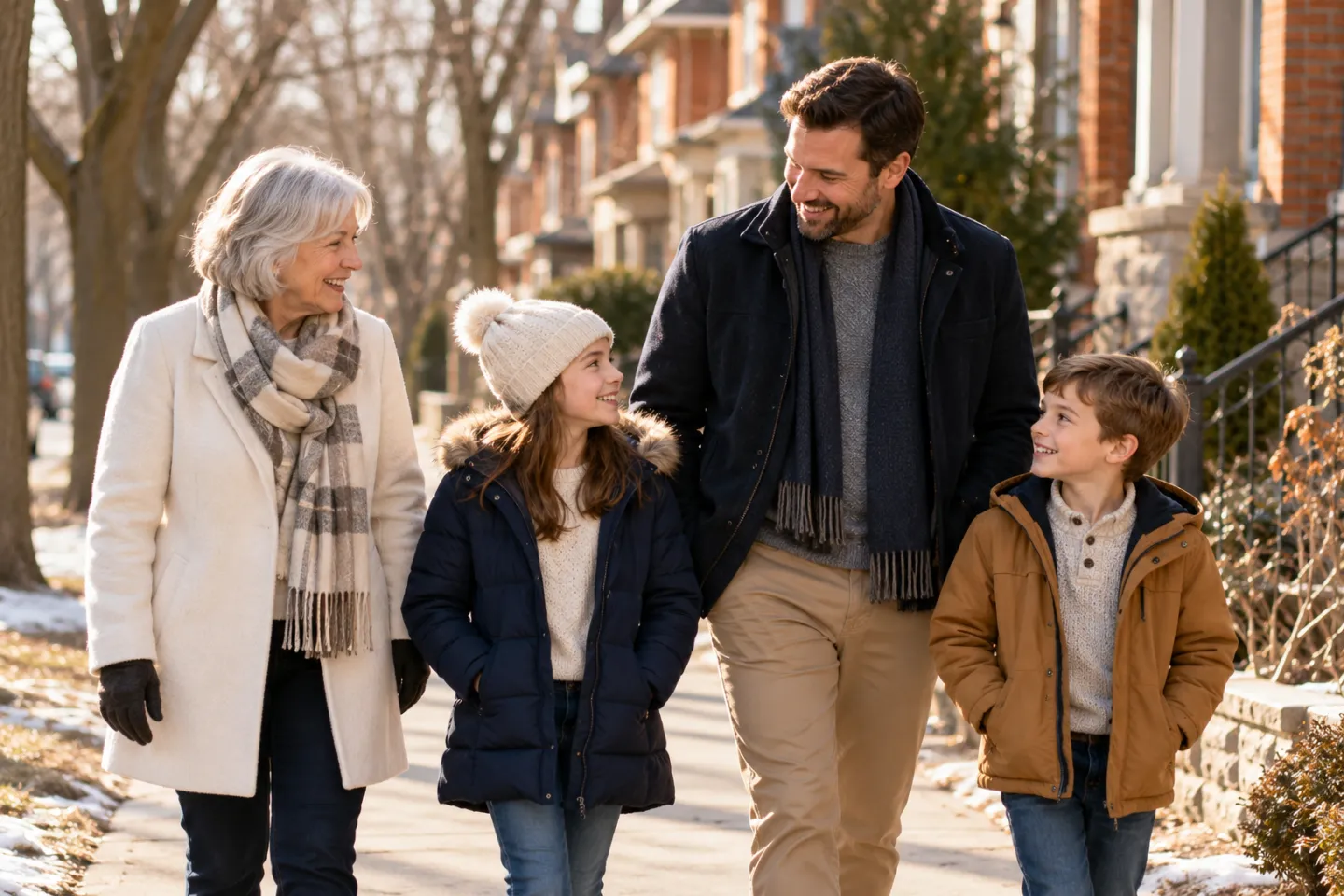 A grandmother, father and two school-age children walking along a quiet neighbourhood sidewalk