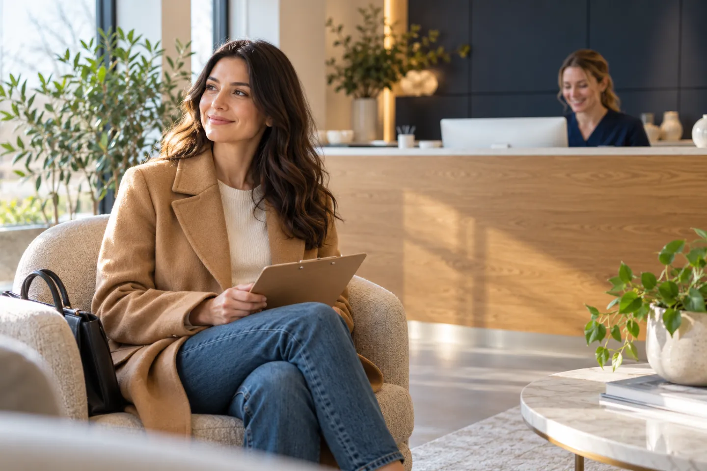 Illustration of a woman in a camel coat holding a clipboard in a welcoming dental reception lounge