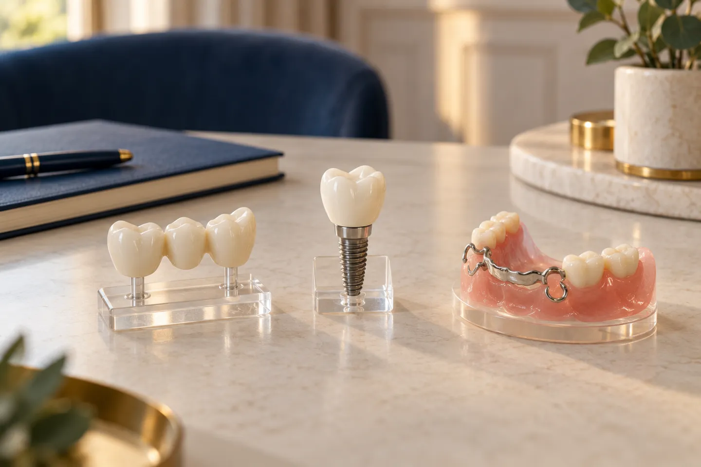 Three dental demonstration models showing tooth replacement options arranged on a desk