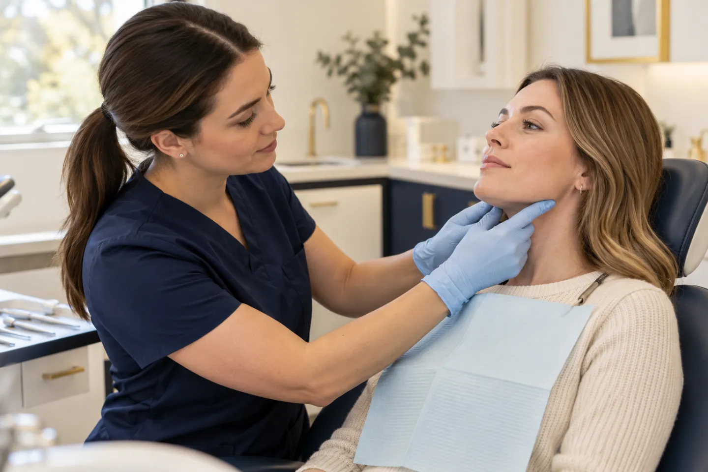 A dental professional gently examining an adult patient's jaw and neck during a routine visit