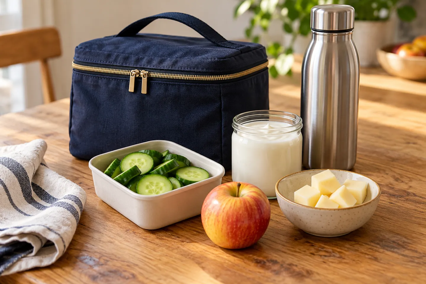 A packed lunch with cucumber, apple, cheese, plain yogurt and a water bottle