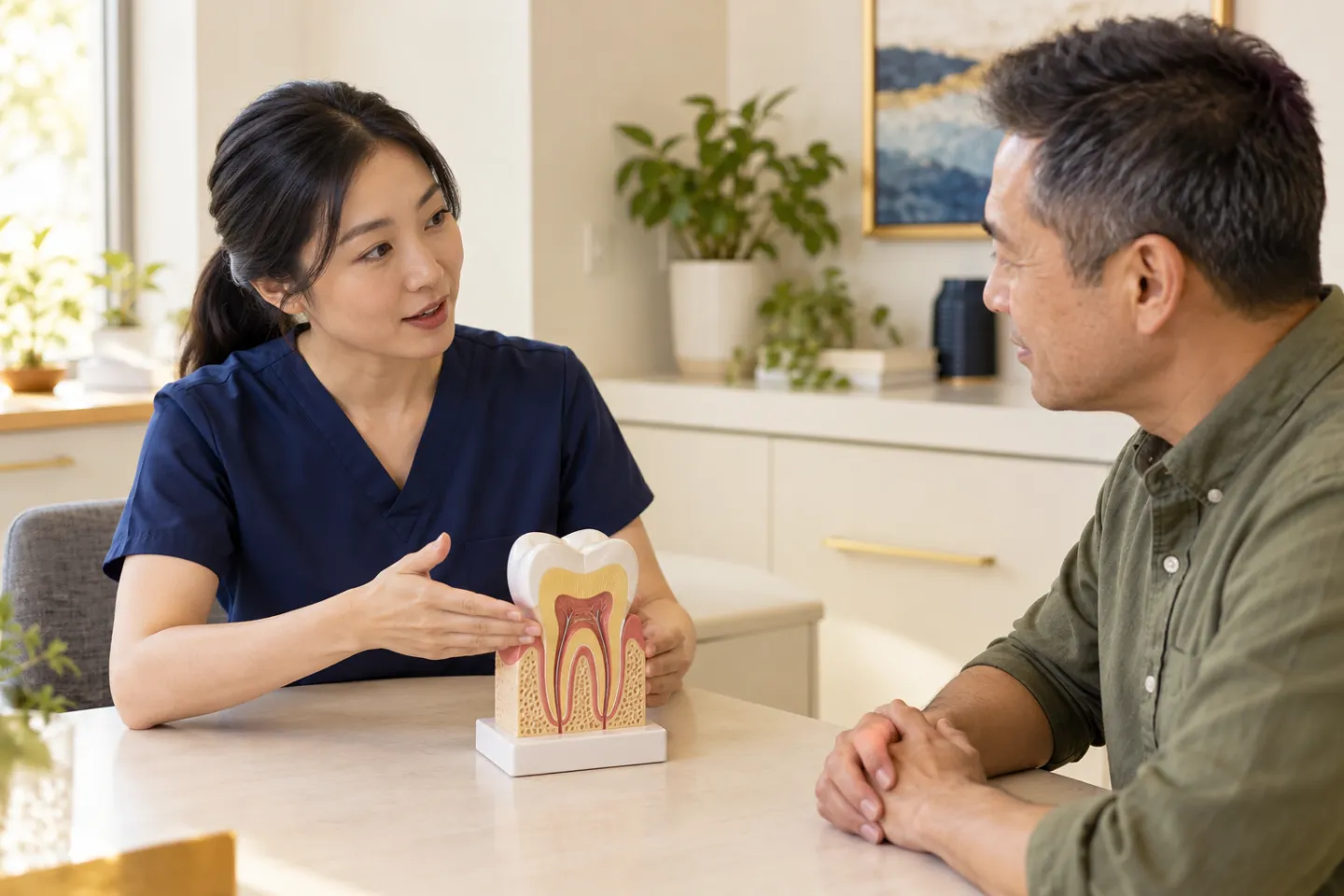 Illustration of a calm dental consultation using a tooth cross-section model