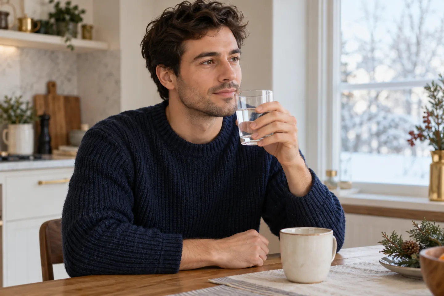 A man in a navy sweater holding a glass of water at a kitchen table