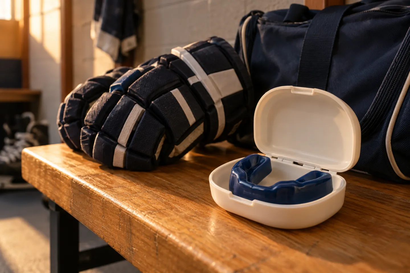 A navy sports mouthguard in an open case beside hockey gloves on a wooden bench