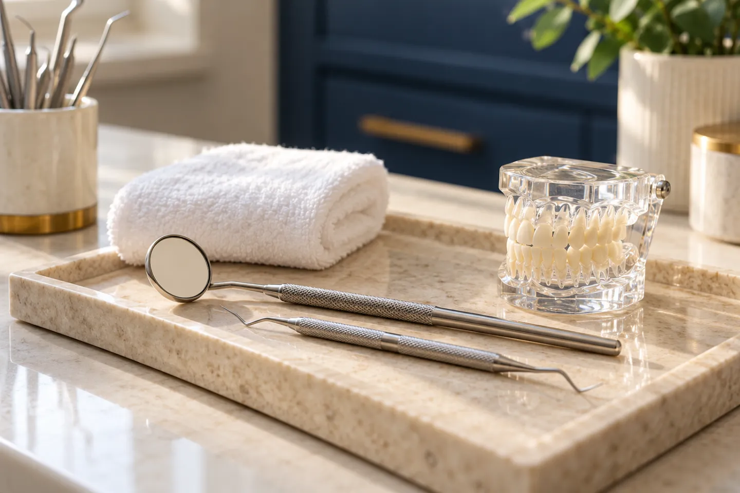 Dental mirror, scaler and clear dental model arranged on a cream tray