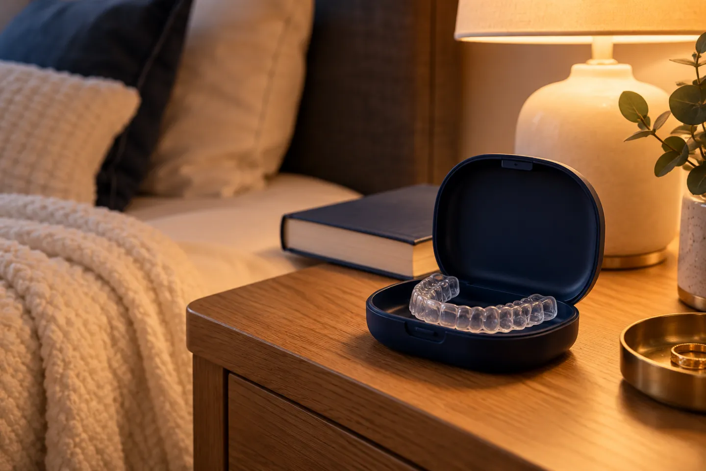 Clear dental night guard resting in an open case on a calm, warmly lit bedside table.