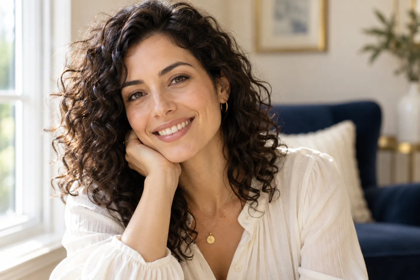 An adult with a relaxed natural smile and softly lit features