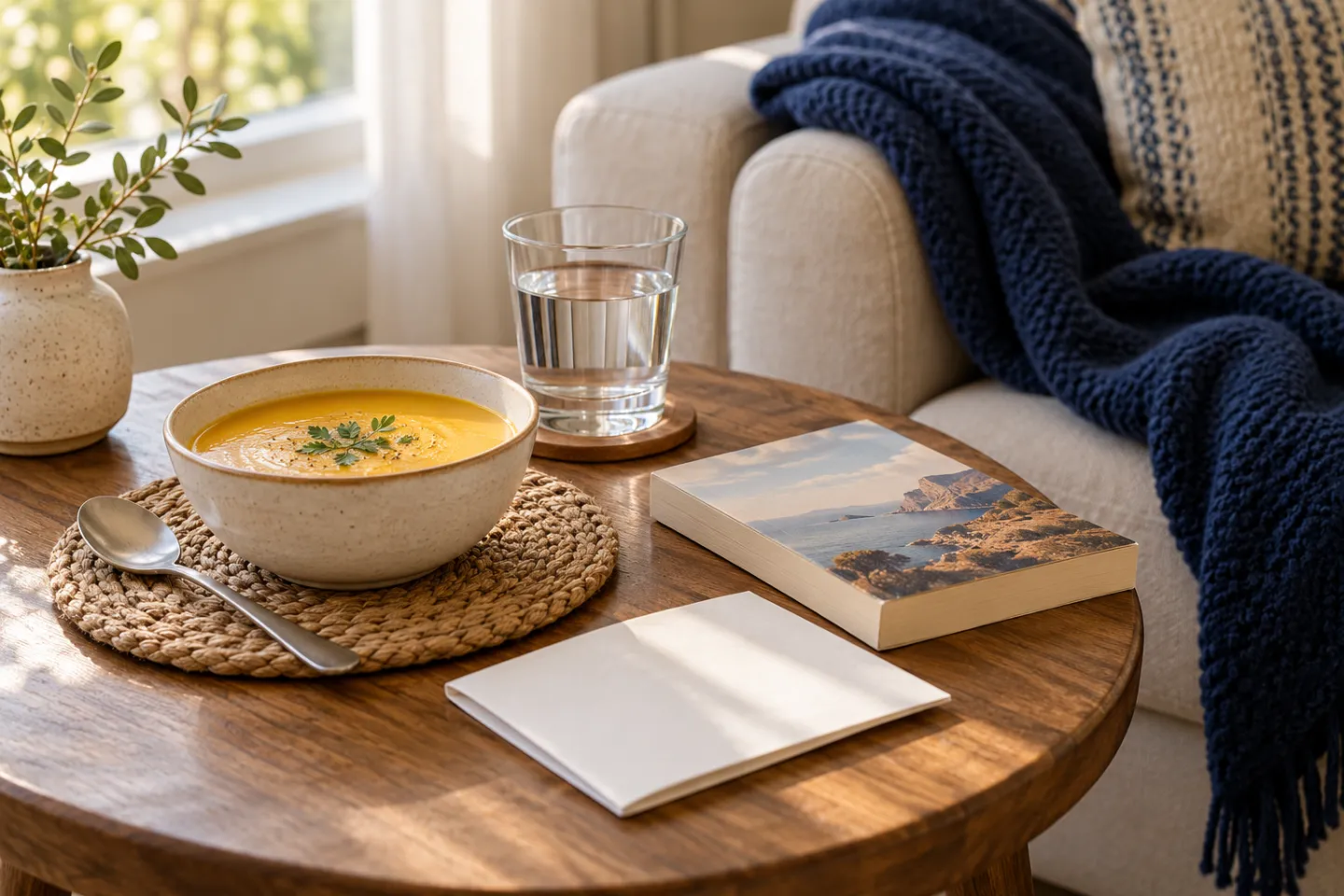 A calm home recovery setup with soft soup, water, a book and a folded instruction sheet