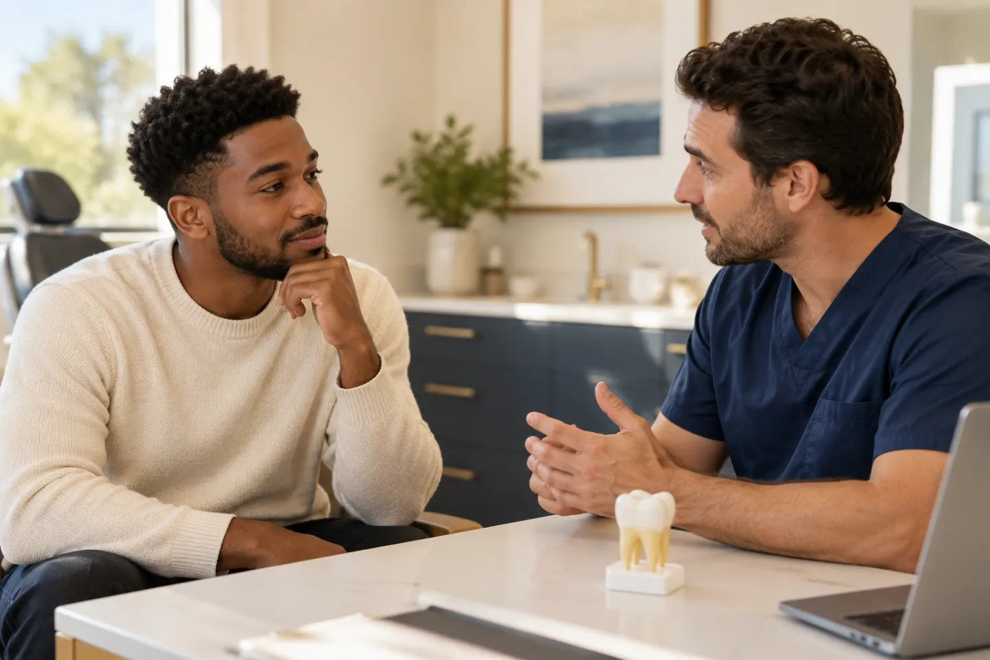 A young adult discussing a dental model with a dental professional during a consultation