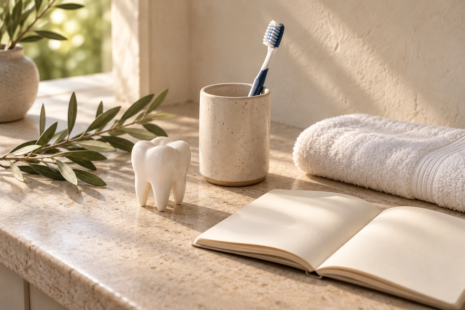 Dental care essentials and an open guide on a warm stone surface